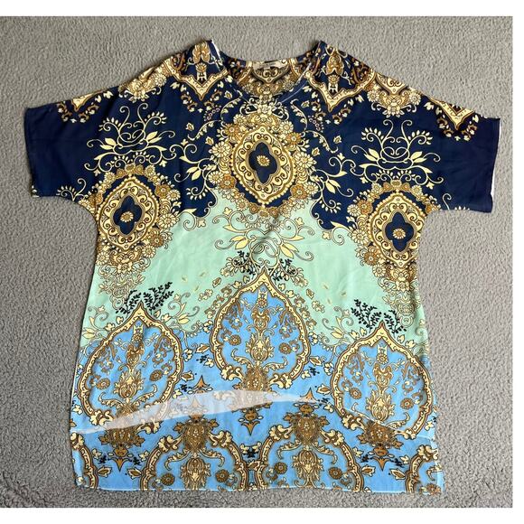 Jess & Jane Tops - Jess & Jane Tunic Top Medium Geometric Damask V Neck Blue Gold Shirt